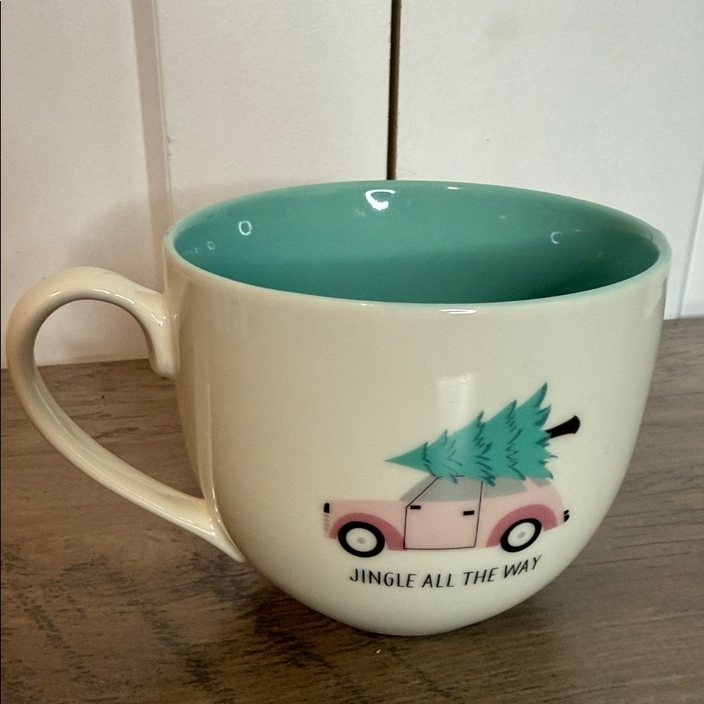 Jingle all the way Cream and Teal Holiday Mug with christmas tree - perfect gift